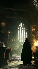 Hooded figure stands in dim gothic library hall interior