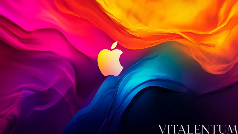 Abstract chromatic waves frame a central minimalist logo mark