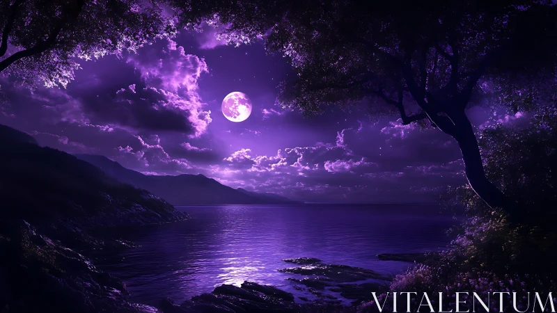 Lunar-illuminated coastal lake under violet noctilucent sky