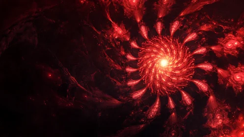 Fiery red fractal spiral radiates from dark cosmic void