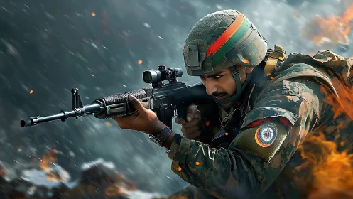 Indian soldier aims rifle amid storm of fire and shrapnel