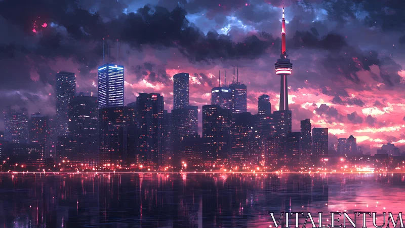 Neon dusk skyline over reflective harbor with tower glow.