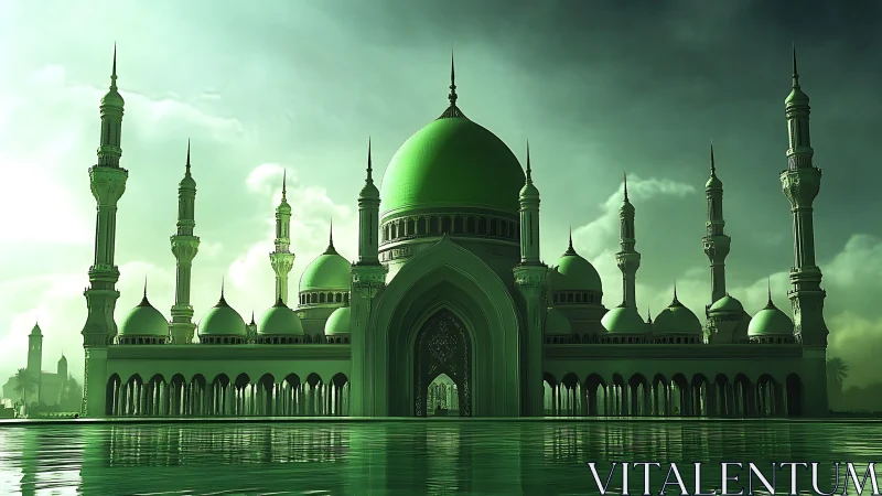 Emerald domes rising over mirrored waters at mystic dusk.