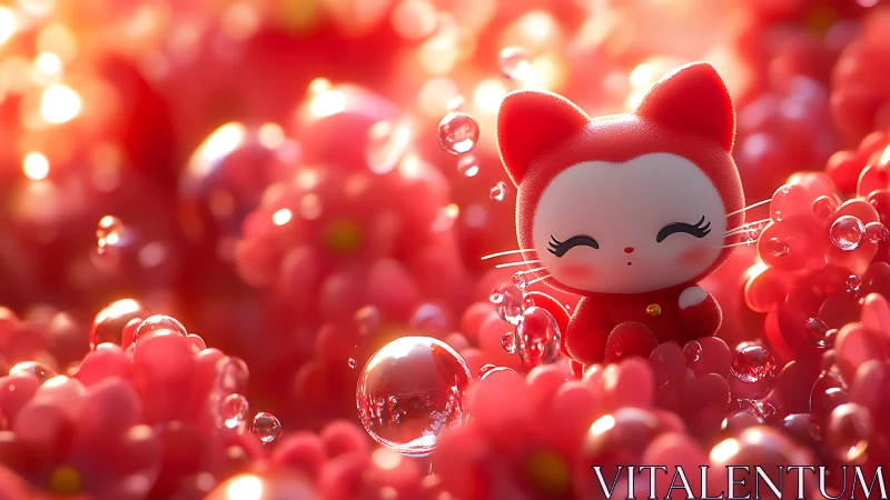 3D chibi cat figurine in luminous pink floral bokeh field.