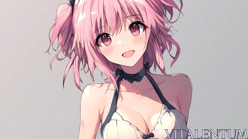Pink haired anime girl sharing a bright, gentle smile.