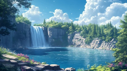 Sunlit waterfall cove wrapped in quiet forest cliffs.