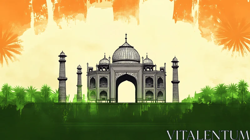 Stylized Taj Mahal illustration on tricolour abstract background