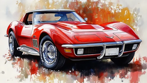 Red classic sports car rendered in vivid watercolor style.