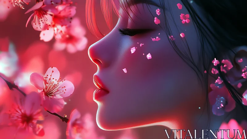 Side profile portrait with pink blossoms and petals.