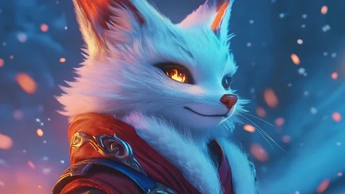 Heroic white fox warrior with glowing golden eyes.