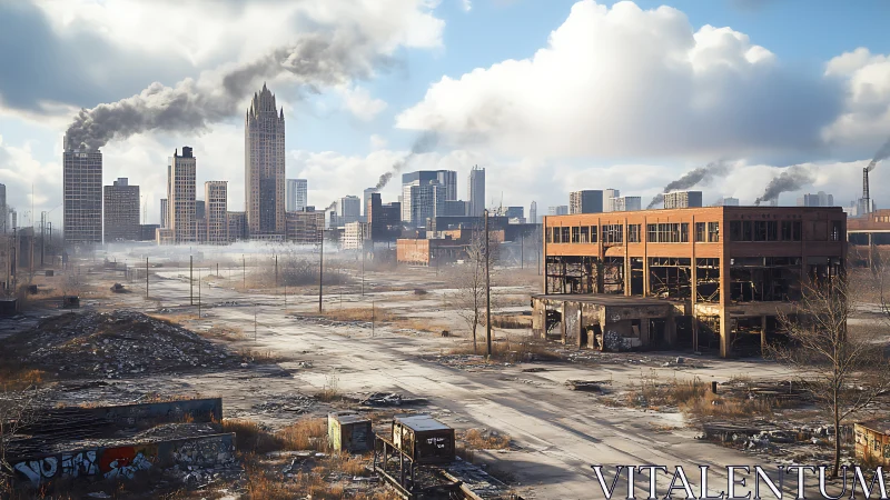 Postindustrial skyline with derelict factory and smoky high-rises