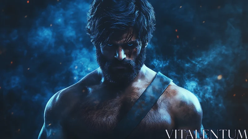 Brooding warrior emerges from blue smoke and ember-filled dark.