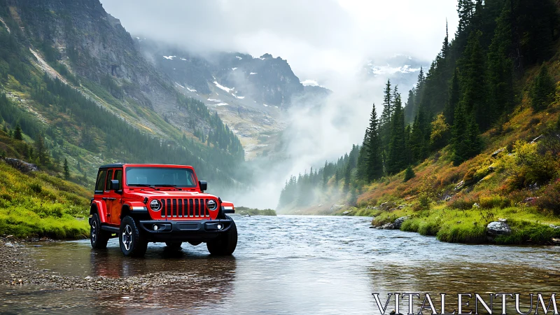 Red off road SUV beside misty alpine river valley.