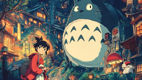 Anime girl and forest spirit meet in lantern-lit fantasy cityscape.