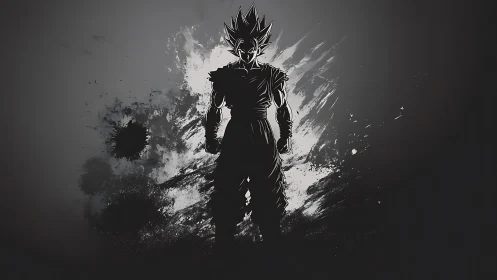 Silhouetted anime warrior stands in dark ink explosion