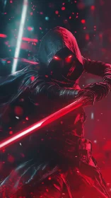 Hooded figure holds red energy blade in high contrast lighting