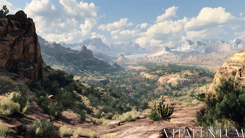 Vast rocky canyon valley under bright cloudy sky panorama