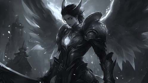 Dark winged angelic knight in ornate armor stands vigilant.