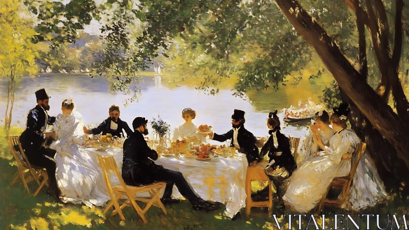 Elegant riverside luncheon gathers guests under dappled shade