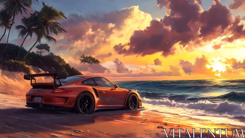 Orange sports car sits on tropical beach at vivid sunset
