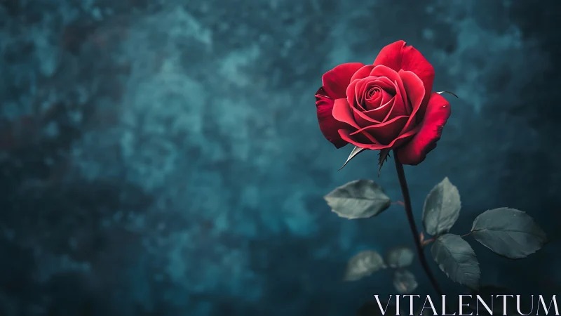 Deep Crimson Rose Against Teal Bokeh Gradient: Selective Focus Study.