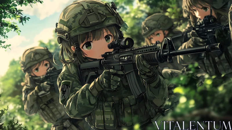 Anime soldiers advancing cautiously through dense forest.