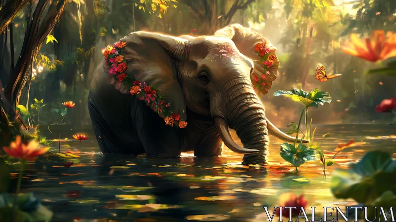 Garlanded elephant dreaming in a golden, flowerlit forest pool.