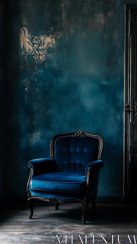 Deep blue velvet armchair against textured dark wall.