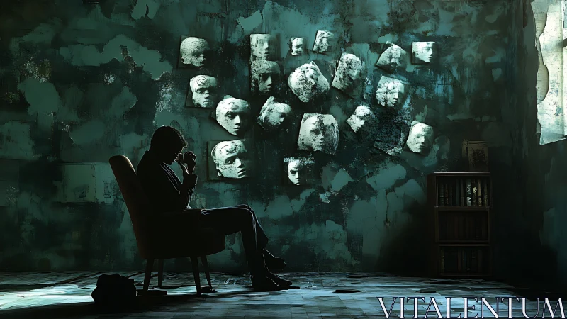 Contemplative figure in decayed room of fragmented faces.