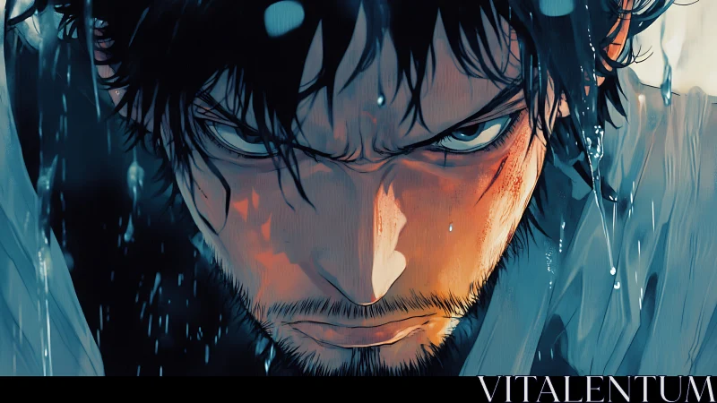 Storm-eyed warrior glaring through rain-slashed twilight.