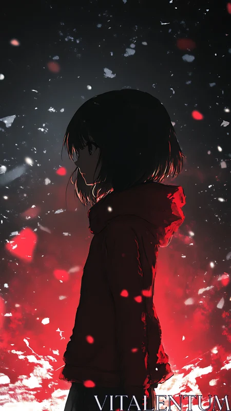 Backlit anime girl silhouette amid high contrast red particle field