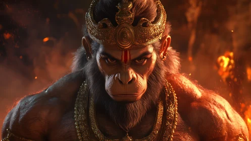 Divine warrior monkey god emerges from blazing embers.