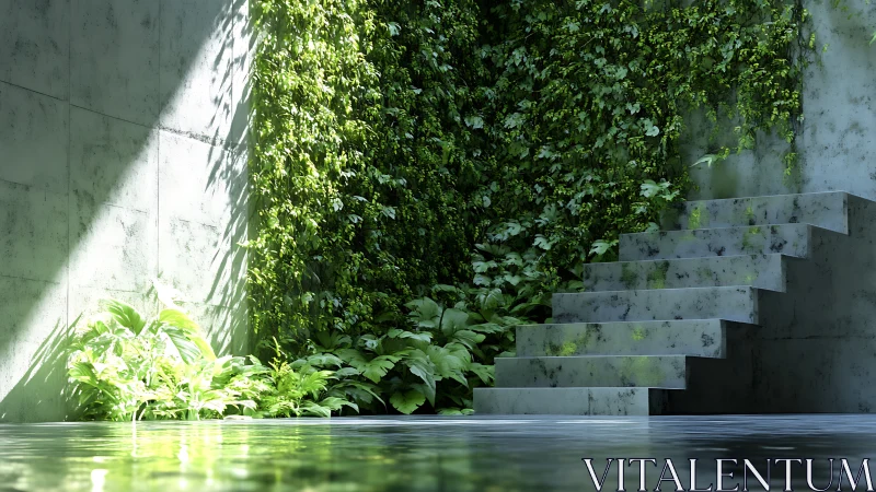 Verdant Concrete Atrium: Cascading Ivy with Stepped Architectural Geometry