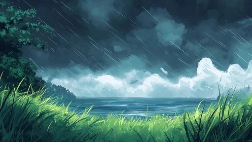 Rain over lake with foreground grass and dense storm clouds.