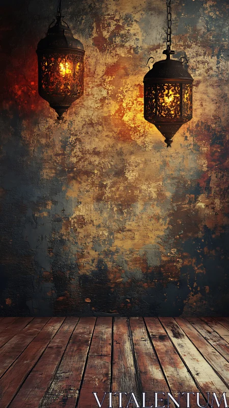 Hanging metal lanterns against distressed textured wall.
