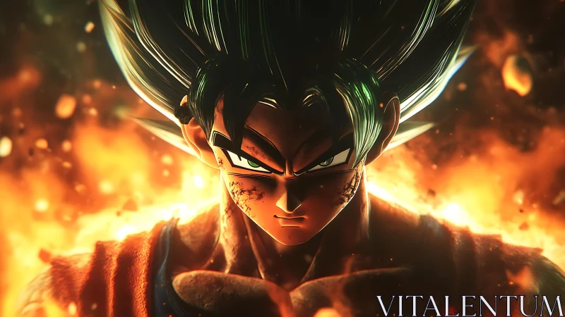 Fierce anime warrior ignites within a storm of molten starlight.