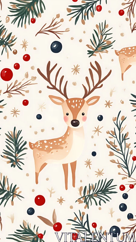 Reindeer illustration with berries and evergreen foliage pattern.