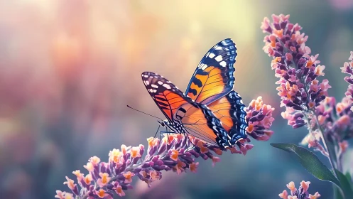 Lavender-lit butterfly poised in a pastel dream garden.