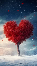 Red Heart Tree in Winter Landscape with Floating Hearts.
