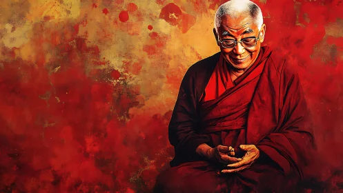 Elderly monk smiles gently before vivid red abstract field
