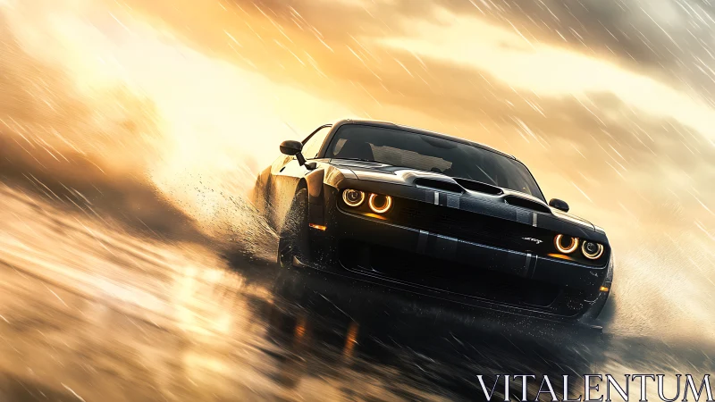 Muscle car powers through rain on reflective wet highway.