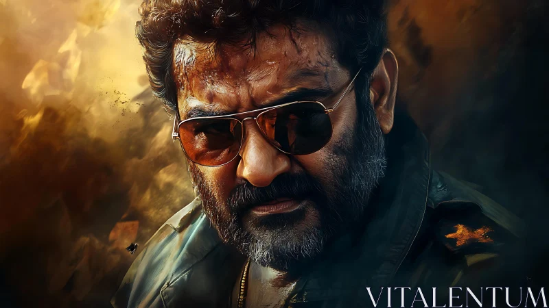 Cinematic close-up of stern bearded man in tinted aviator sunglasses