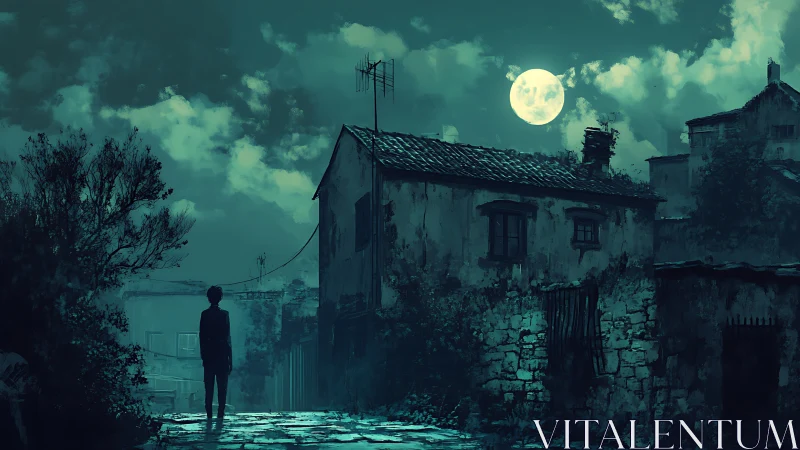 Moonlit alley with silhouetted figure and decayed masonry under teal haze