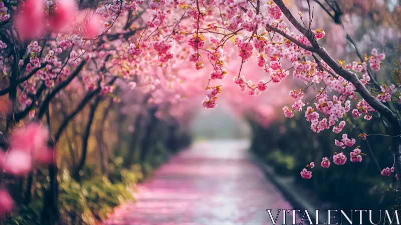 Cherry Blossom Canopy Creates Romantic Pink-Hued Garden Path.