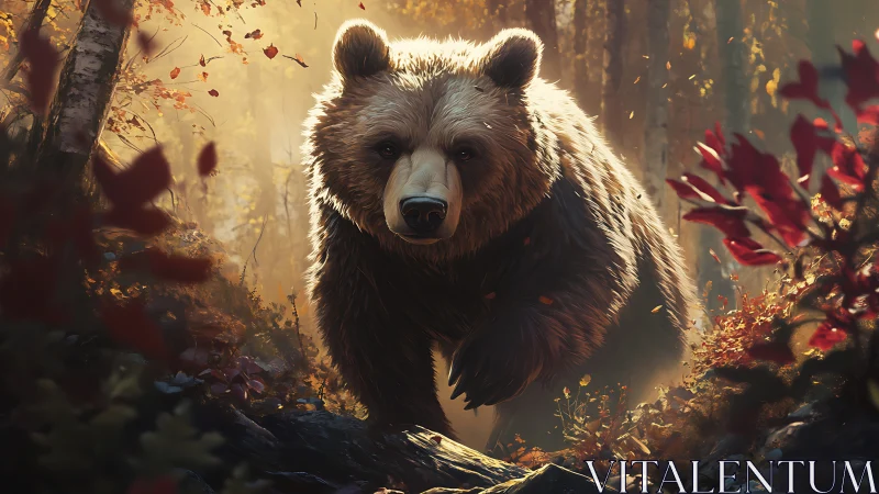 Brown bear moving through sunlit autumn forest scene.