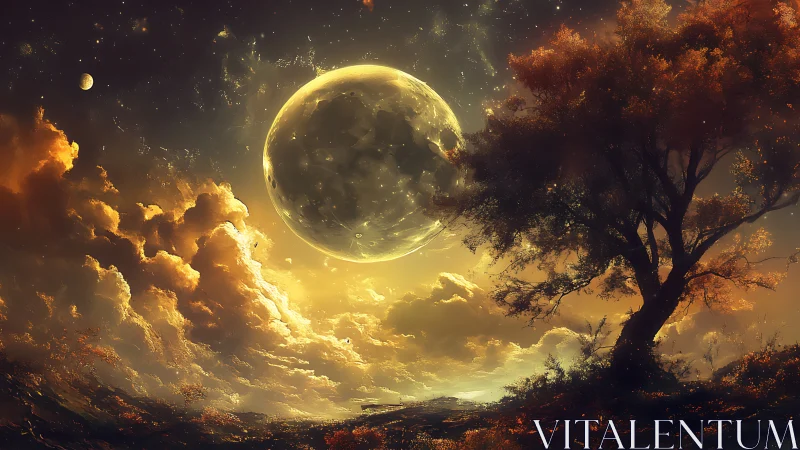 Moonlit dreamscape over a quiet, firelit autumn hill.