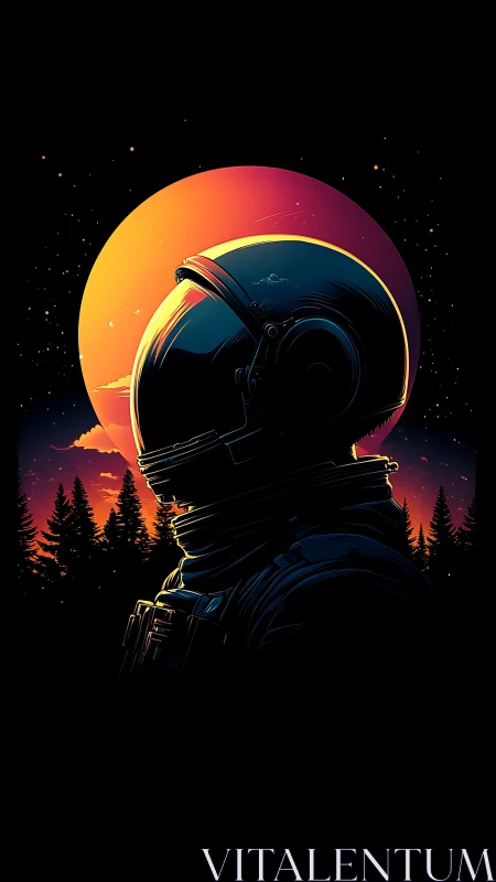 Silhouetted astronaut profile against neon sunset over pines