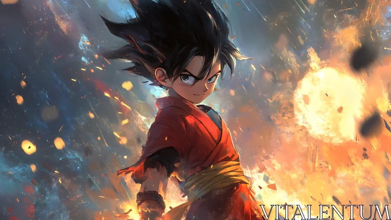 Anime warrior in explosive lighting, dynamic action framing.