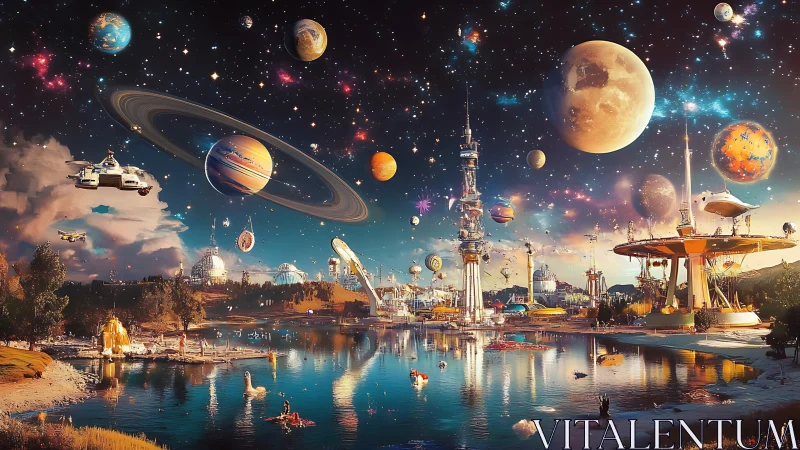 Surreal futuristic lakeside city floats beneath cosmic sky.