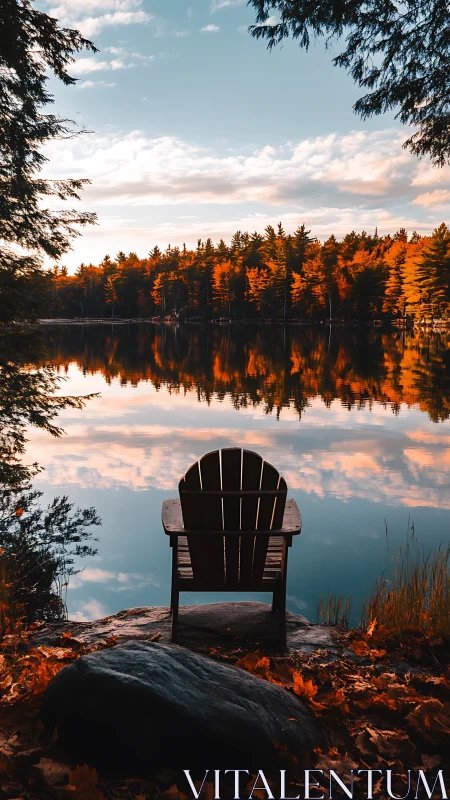 Lone lakeside chair faces calm autumn forest reflection